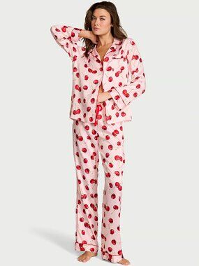 NWT Victoria's Secret  Cherries Glazed Satin Long Pajama Set Size XL Short
